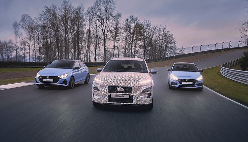 V.l.n.r.: de Hyundai i20 N, de KONA N en de i30 N.