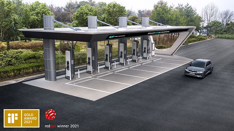 Een E-pit-laadstation van Hyundai vertoont gelijkenissen met een gewoon tankstation.