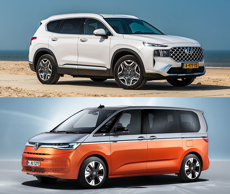 De Hyundai SANTA FE (boven) versus de Volkswagen Multivan (onder).