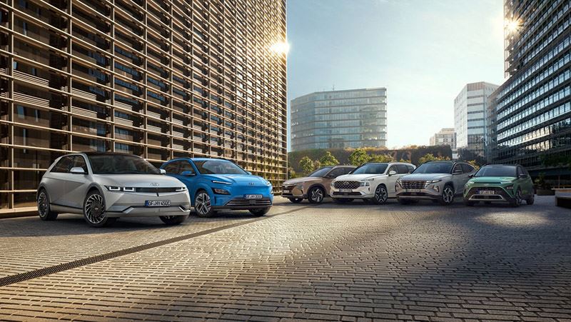 Alle geëlektrificeerde modellen van Hyundai op een rij.