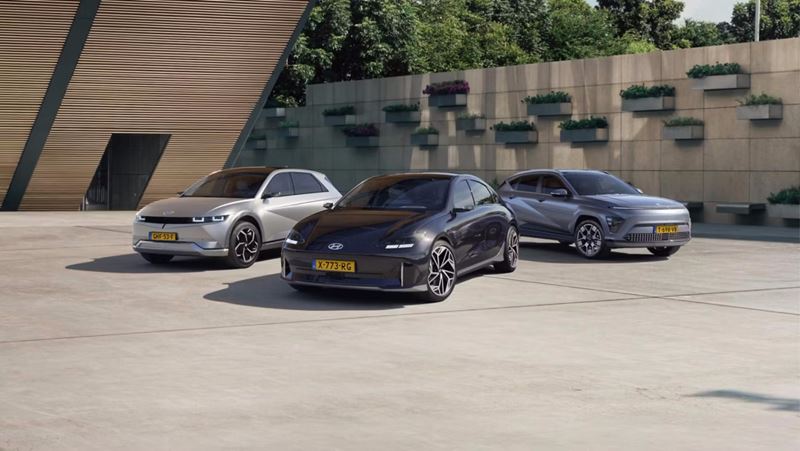 Een greep uit het aanbod elektrische modellen van Hyundai, met v.l.n.r. de IONIQ 5, IONIQ 6 en KONA Electric.
