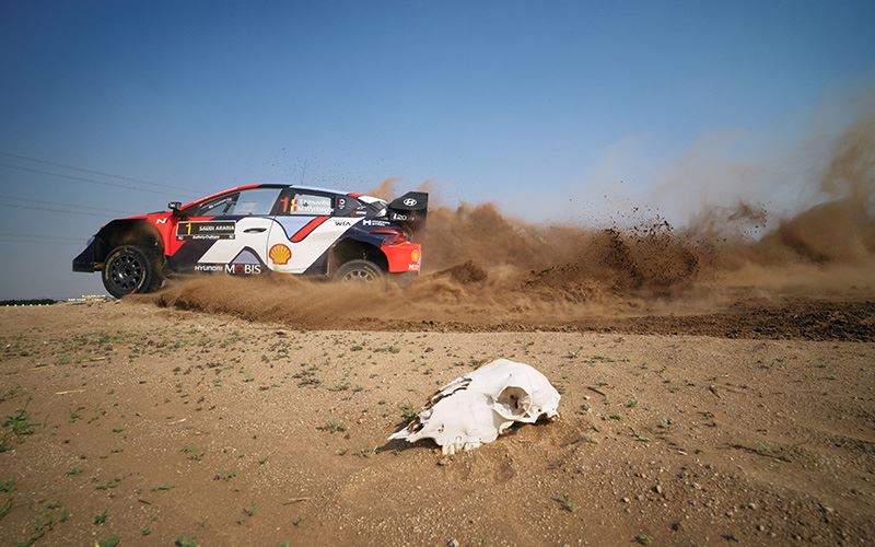 Thierry Neuville en zijn navigator Martijn Wydaeghe van Hyundai Motorsport in actie in de Rally van Saoedi-Arabië.