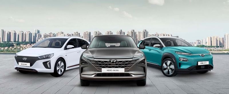 V.l.n.r.: de Hyundai IONIQ Electric, de waterstofauto Hyundai NEXO en de Hyundai KONA Electric.