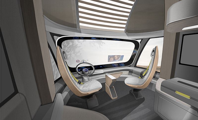 Het interieur van de waterstof-elektrisch aangedreven vrachtwagen Hyundai HDC-6 NEPTUNE.