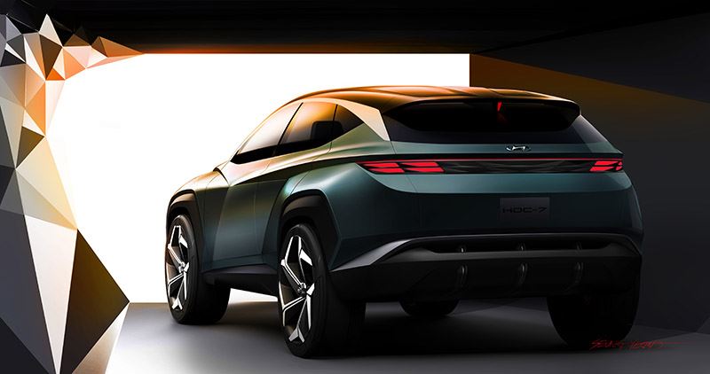De achterlichten van de Hyundai Vision T en verlichting van het Hyundai-logo doven in een vaste volgorde.