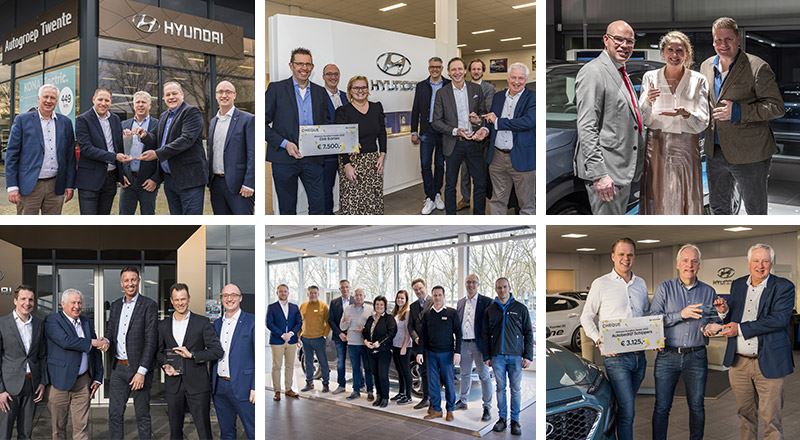 De winnaars van de Hyundai Excellent Dealer Awards 2020 zijn (v.l.n.r.): Herwers Groep (zie eerdere foto), Autogroep Twente, Dirk Barten, Van der Linden Groep, Peter Ursem, Autobedrijf Bartelen en Autobedrijf Schippers.